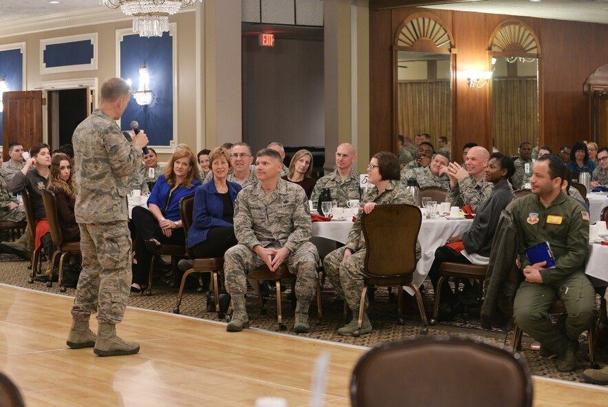 U.S. Air Force Maj. Gen. Dondi Costin, chief of chaplains, speaks to a crowd of Team Offutt members during the National Prayer Breakfast held inside the Patriot Club on Offutt Air Force Base, Nebraska, Feb. 15, 2018. Chaplain Costin is responsible for establishing effective programs to meet the religious needs of Airmen and their dependents.