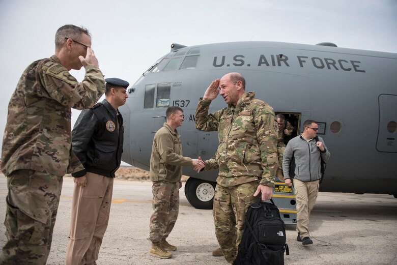 General Mike Holmes, commander of Air Combat Command, arrives for a visit at an undisclosed location February 16, 2018. During the visit, Holmes received mission updates and met with service members supporting Operation Inherent Resolve. (U.S. Air Force photo by Staff Sgt. Joshua Kleinholz)
