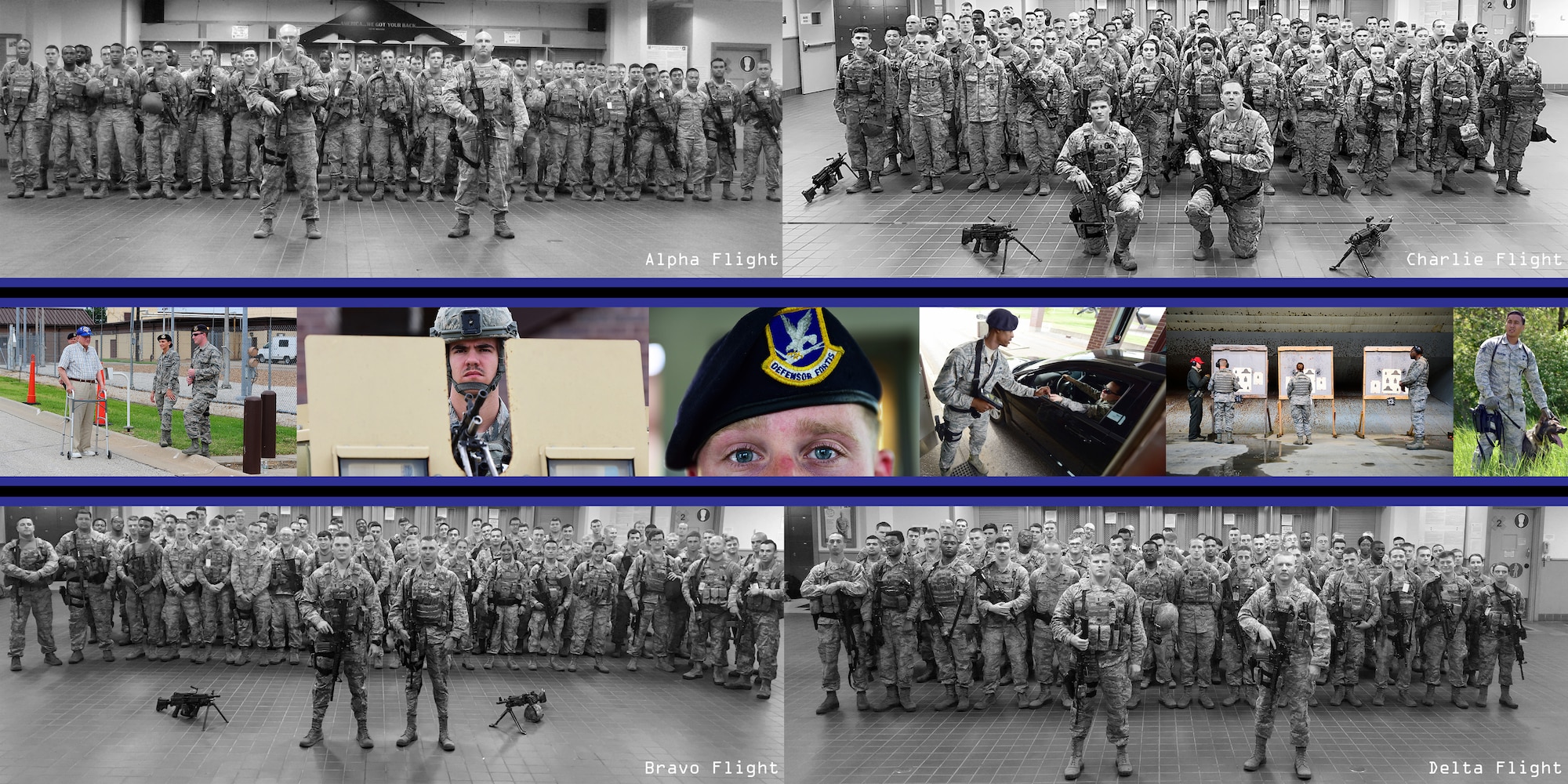 A collage of photos illustrating members assigned to the 509th Security Forces Squadron standing in their respective flight formation and on-the-job shots of defenders at Whiteman Air Force Base, Mo., through 2017.
