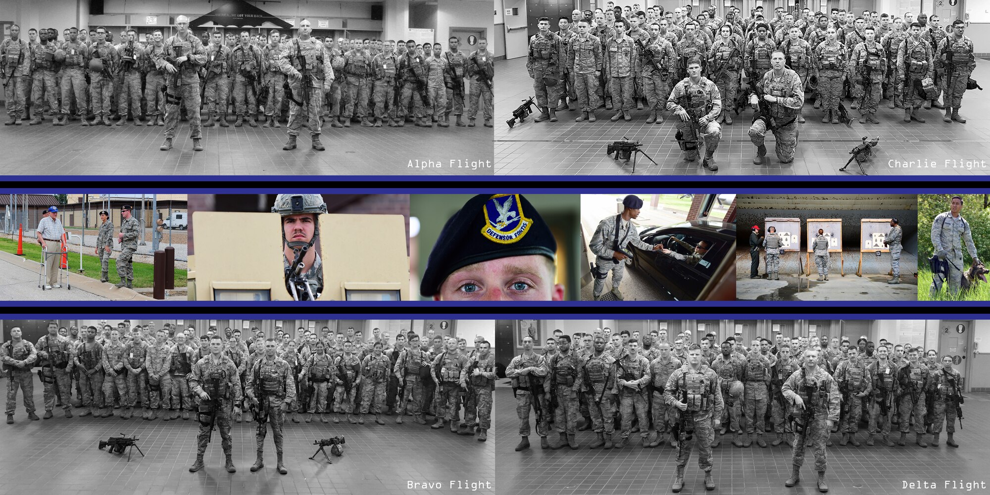 A collage of photos illustrating members assigned to the 509th Security Forces Squadron standing in their respective flight formation and on-the-job shots of defenders at Whiteman Air Force Base, Mo., through 2017.