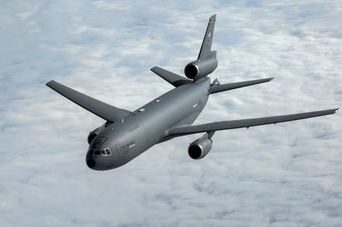 A KC-10 Extender with the 76th Air Refueling Squadron, 514th Air Mobility Wing, moves away after being refueled by a KC-10 crewed by Airmen with the 78th Air Refueling Squadron, 514th AMW, over the Atlantic Ocean, Feb. 14, 2018. The 514th AMW is an Air Force Reserve Command unit located at Joint Base McGuire-Dix-Lakehurst, N.J.