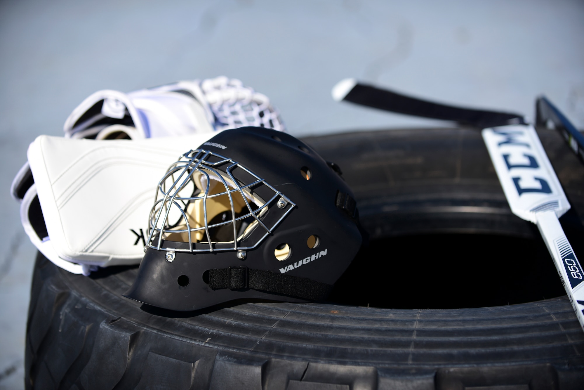 Street hockey goalkeeper gear ready to be used in the first extramural hockey practice at Whiteman Air Force Base, Mo., Feb. 17, 2018. For the initial meeting, only one member was available to play as the goalkeeper. As interest in the sport grows, the members hope to have more options to allow players to rotate positions. (U.S. Air Force photo by Staff Sgt. Danielle Quilla)