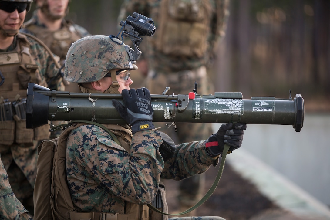 Pfc. Kyle Hill readies to fire an AT-4 rocket launcher as part of a live-fire exercise on Marine Corps Base Camp Lejeune, N.C., Jan. 24, 2018. The Marines with 1st Battalion, 2nd Marine Regiment conducted immediate remedial action drills and traversed, searched and engaged targets moving from one to another. Hill is an infantry Marine with 1/2.