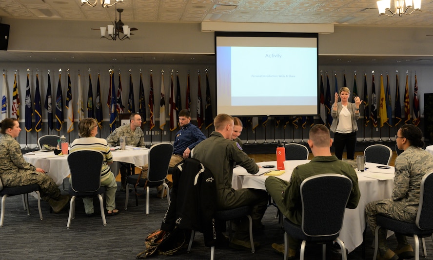 Team BLAZE members attend Green Dot training Feb. 22, 2018, on Columbus Air Force Base, Mississippi. Green Dot helps organizations like the Air Force implement a violence prevention strategy that reduces power-based interpersonal violence, which includes sexual violence, domestic violence, dating violence, stalking, child abuse, elder abuse and bullying. (U.S. Air Force photo by Airman 1st Class Keith Holcomb)