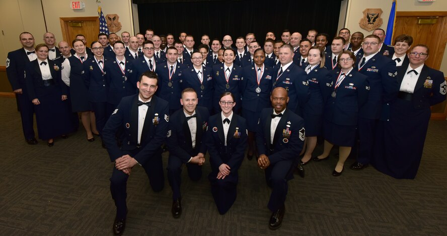 Members of Whiteman Leadership School 18-B gather for a class photo at Whiteman Air Force Base, Mo., Feb. 15, 2018. ALS is a five-and-a-half week-long course that prepares Airmen to become noncommissioned officers.