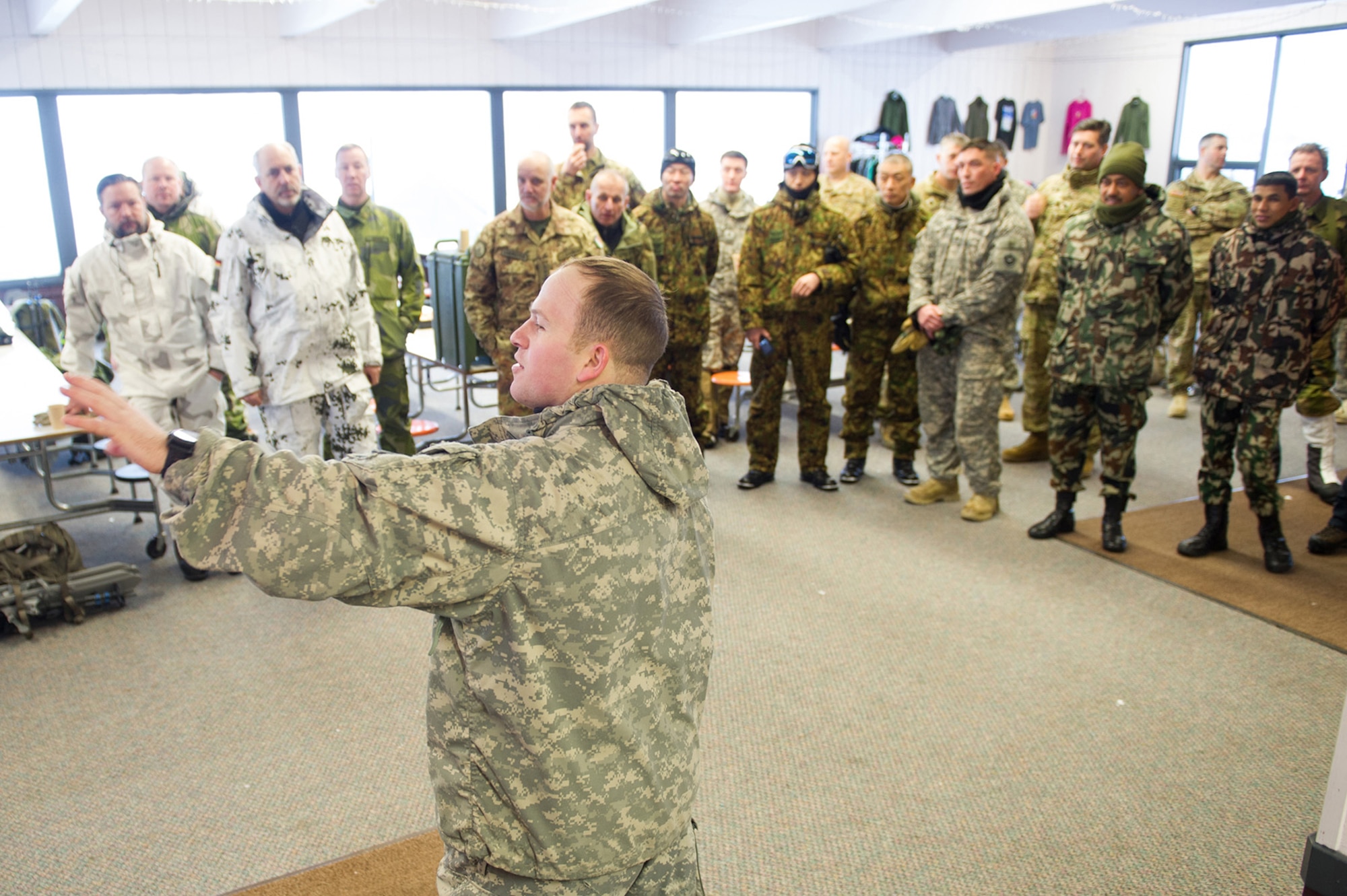 U.S., Allied, and partner-nation Soldiers from nine countries participate in the Cold Regions Military Collaborative Training Event at Arctic Valley in Joint Base Elmendorf-Richardson, Alaska, Feb. 22, 2018. The U.S. Army Alaska hosted event focused on strengthening relationships among allied and partner nations with experience operating in cold weather, and at high elevations; and set conditions for future collaboration.