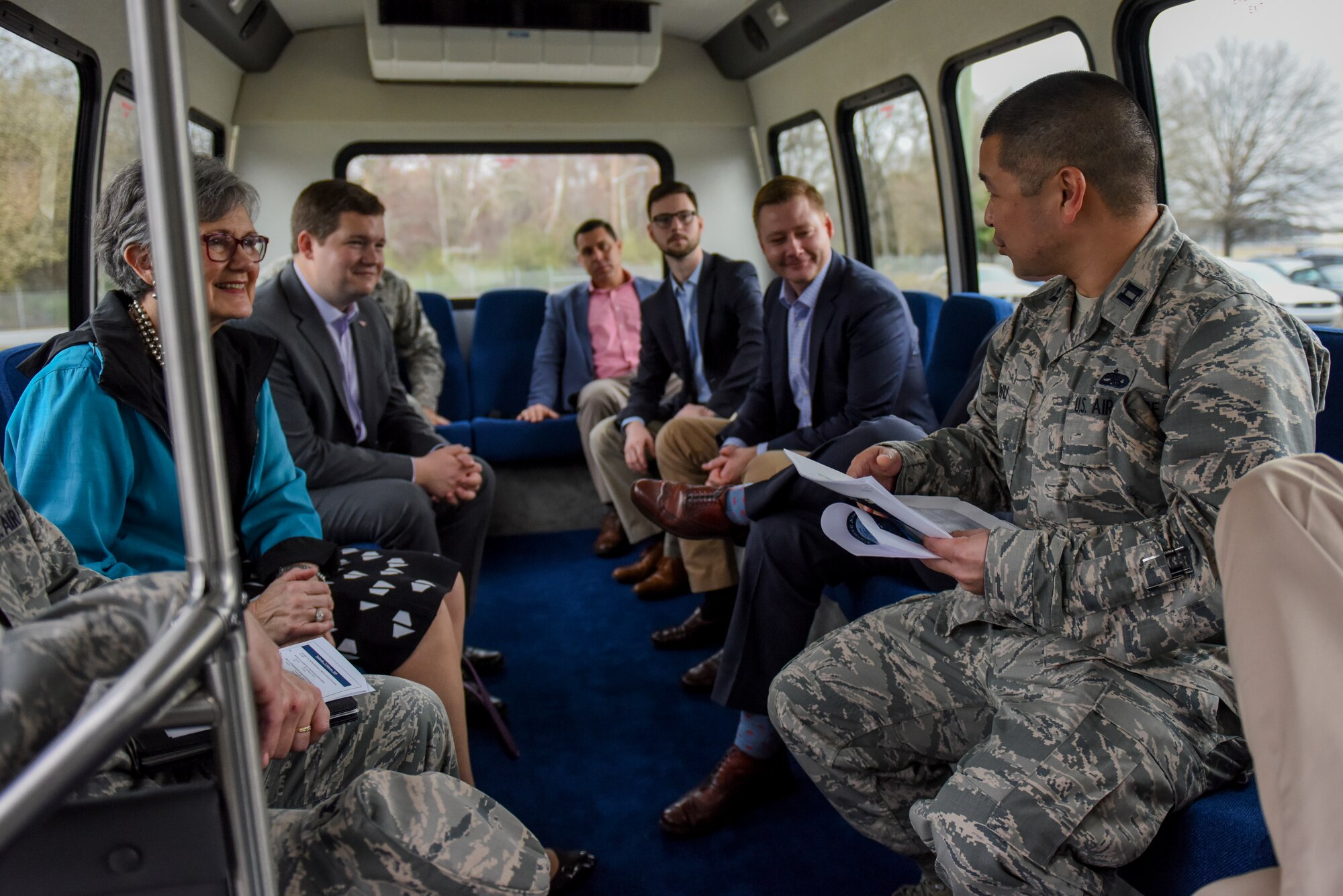 Capt. Timothy Wu (right), 4th Equipment Maintenance Squadron operations officer, briefs staff delegates from the offices of North Carolina Sens. Richard Burr and Thom Tillis, Feb. 21, 2018, at Seymour Johnson Air Force Base, North Carolina. Wu led a guided tour of the 4th EMS's bomb dump to explain the facility's overall capabilities, limiting factors, and showcase the damage done by the flooding from Hurricane Matthew back in October 2016. (U.S. Air Force photo by Staff Sgt. Brittain Crollley)