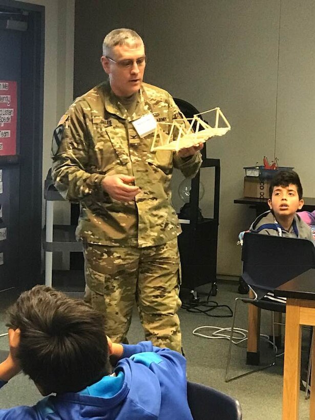 U.S. Army Corps of Engineers Middle East District Commander COL Stephen Bales talked engineering, teamwork, working in a group, learning from mistakes, and the importance of math and science to a group of 5th grade students from Armel Elementary School 23 Feb., in Winchester, Va.