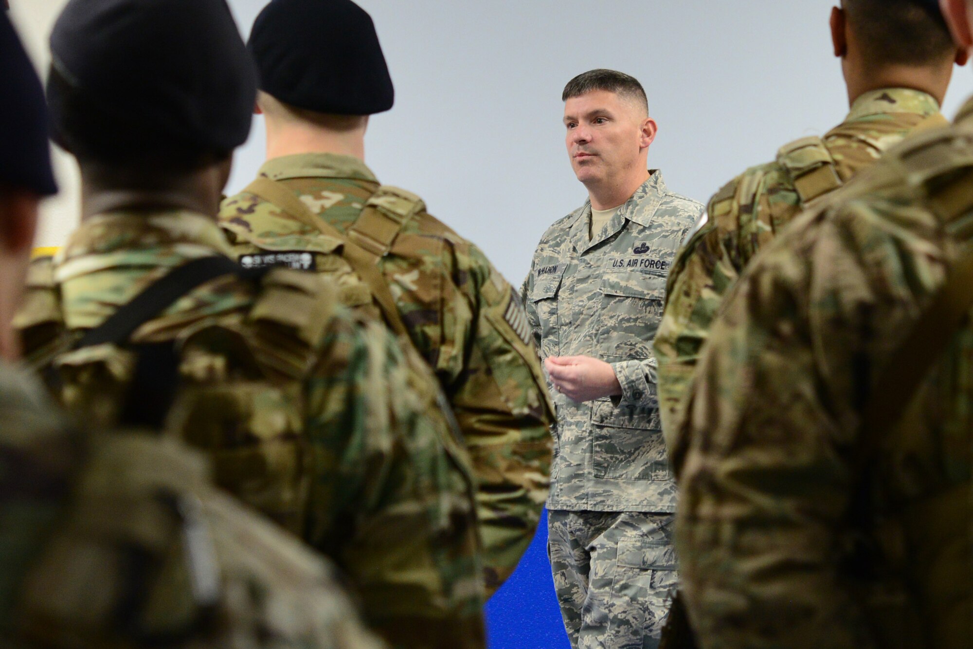 Chief Master Sgt. Patrick McMahon, senior enlisted leader of U.S. Strategic Command, addresses Airmen from the 841st Security Forces Squadron during guardmount Feb. 23, 2018, at Malmstrom Air Force Base, Mont.