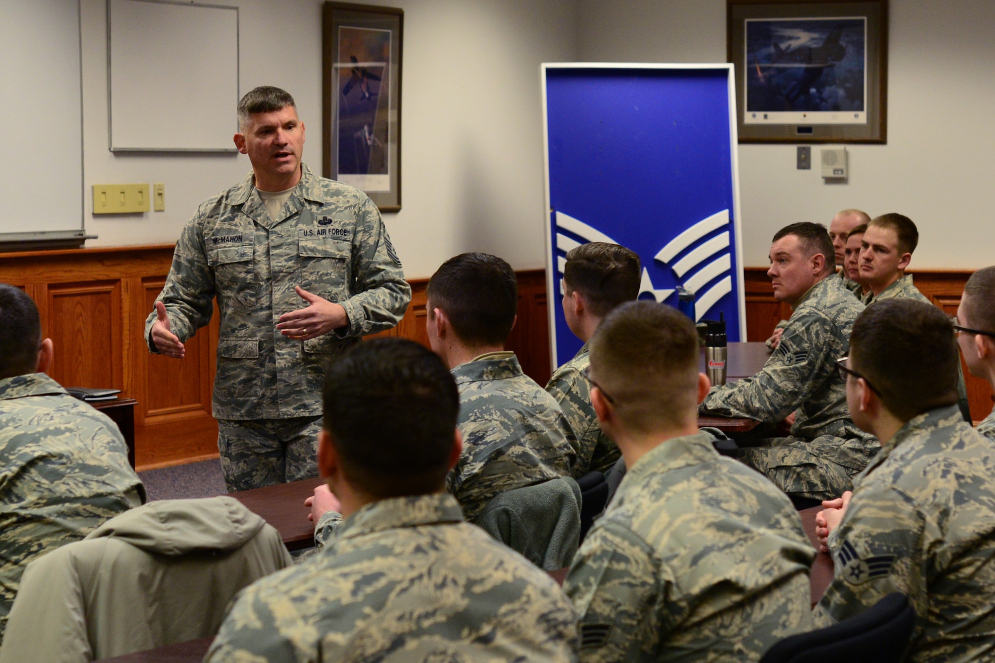 Chief Master Sgt. Patrick McMahon, senior enlisted leader of U.S. Strategic Command, delivers remarks to students at the Airman Leadership School Feb. 23, 2018, at Malmstrom Air Force Base, Mont.