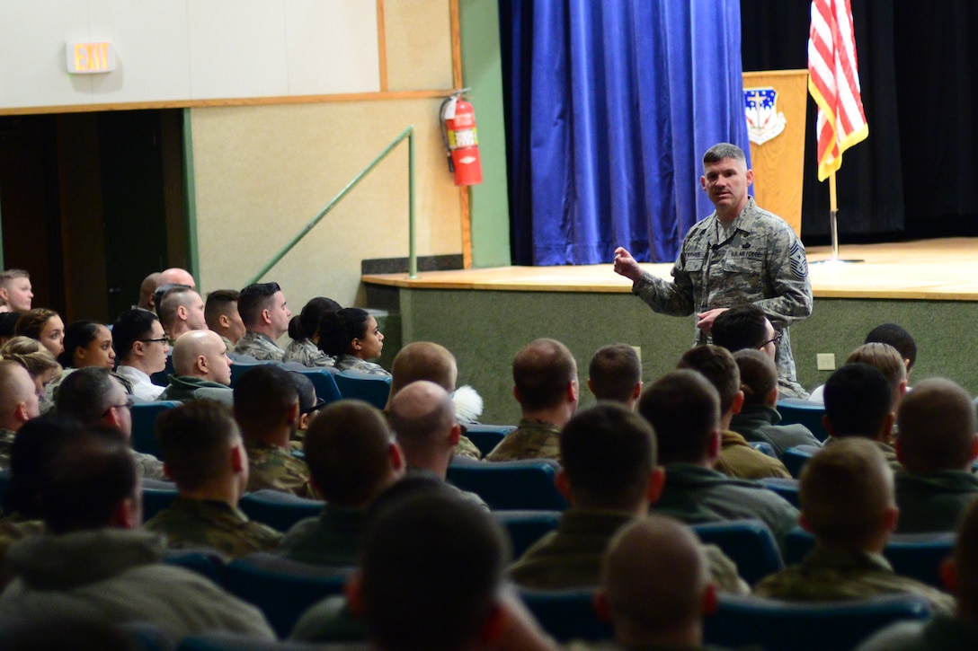 Chief Master Sgt. Patrick McMahon, senior enlisted leader of U.S. Strategic Command, speaks during an enlisted call Feb. 23, 2018, at Malmstrom Air Force Base, Mont.