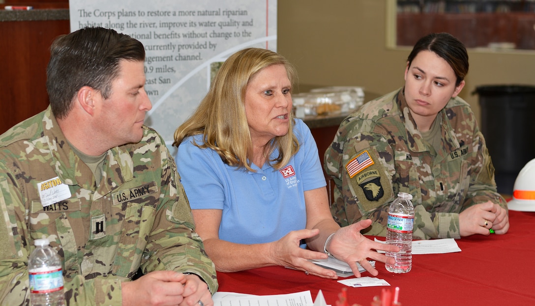 From left to right, Capt. David Watts, retired LA District employee Jody Fischer and 1st Lt. Kerry Horan, all with the U.S. Army Corps of Engineers Los Angeles District, talk to students about their careers during the  Engineering and Environmental Science Academy Career Exploration Showcase Feb. 14 at John Muir High School in Pasadena, California.