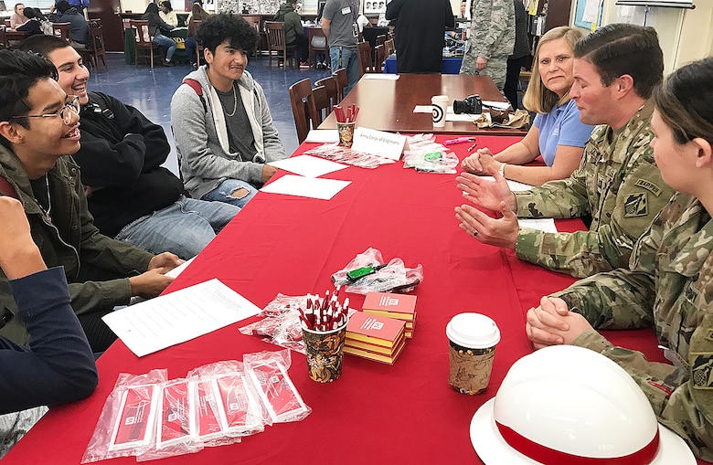 Capt. David Watts, U.S. Army Corps of Engineers Los Angeles District, center right, answers a question during the Engineering and Environmental Science Academy Career Exploration Showcase Feb. 14 at John Muir High School in Pasadena, California.