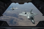 Two U.S. Air Force F-22 Raptors fly above Syria in support of Operation Inherent Resolve, Feb. 2, 2018. The F-22 is an air superiority fighter that incorporates the latest technological advances in reduced observables, avionics, engine performance and aerodynamic design. (U.S. Air National Guard photo by Staff Sgt. Colton Elliott)