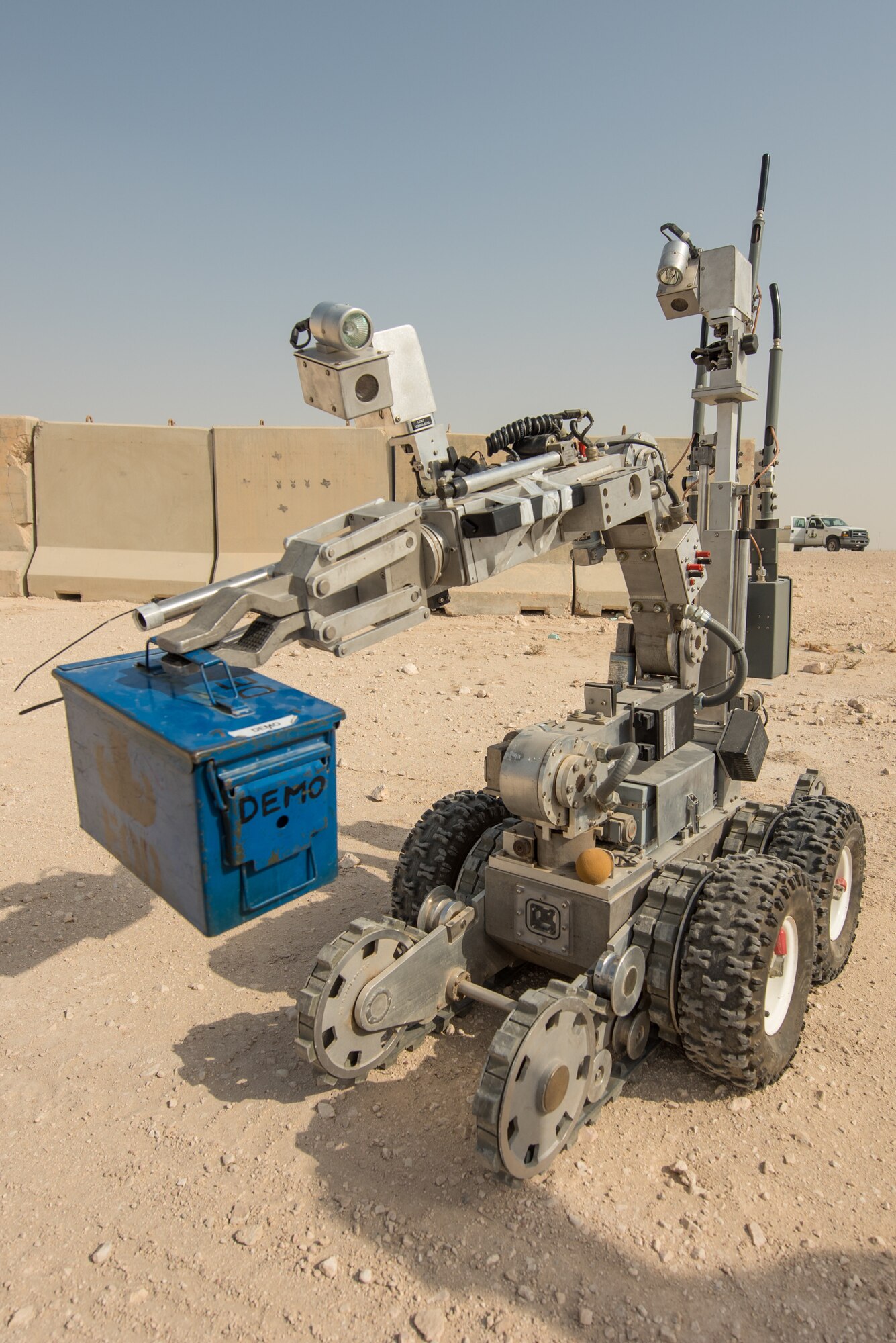 An F6B robot is utilized by members of the 379th Expeditionary Civil Engineer Squadron’s explosive ordnance disposal unit during a training scenario at Al Udeid Air Base, Qatar, Feb. 15, 2018. The exercise, a collaborative effort between security forces and the explosive ordnance disposal flight, simulated a vehicle borne improvised explosive device threat. (U.S. Air Force photo by Staff Sgt. Joshua Horton)