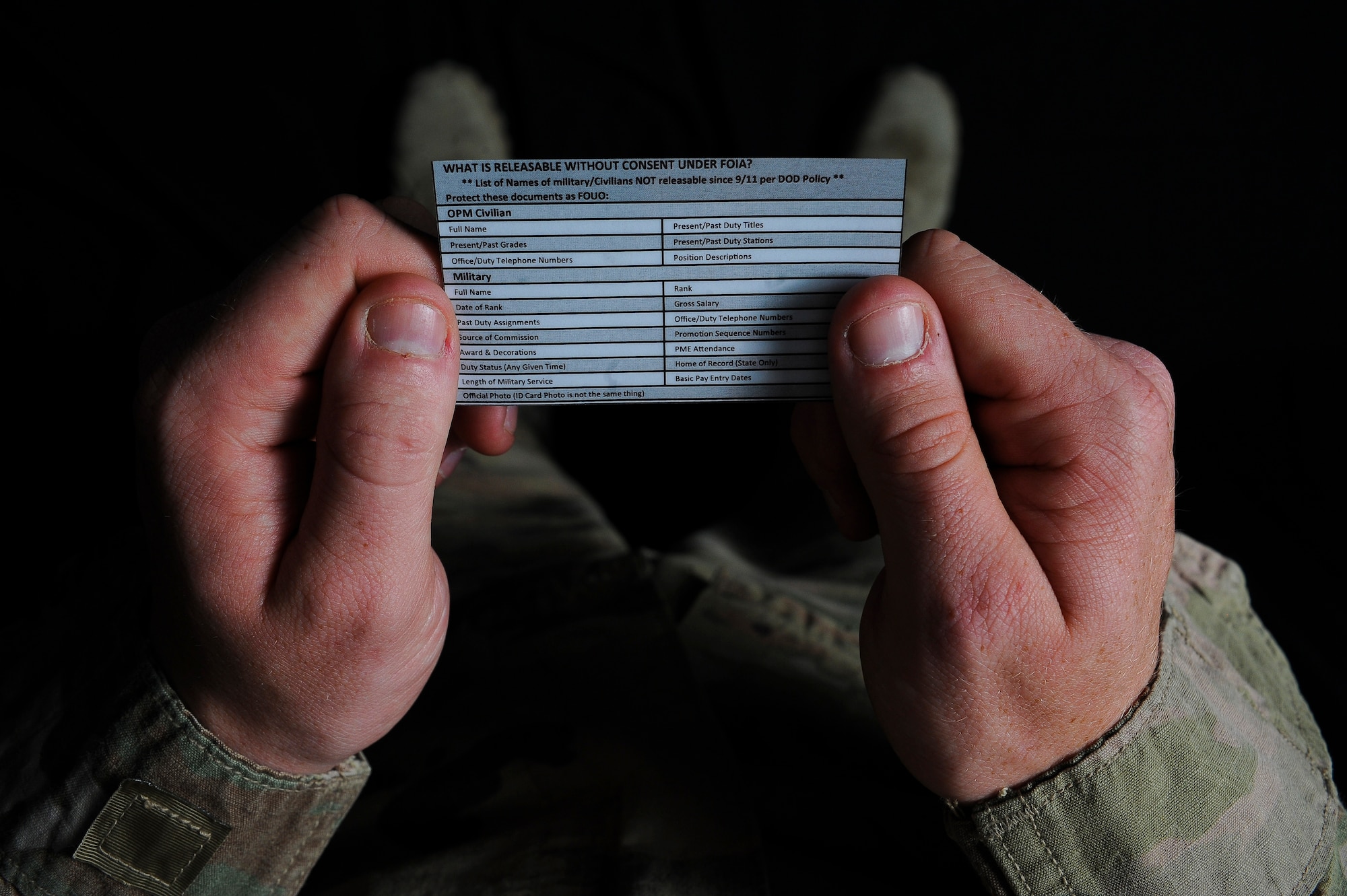 U.S. Air Force Senior Airman Daniel Ray, 380th Security Forces Squadron force protection escort, reads a card identifying Personally Identifiable Information on Al Dhafra Air Base, United Arab Emirates, Feb. 22, 2018. As of Feb 6, 2018, Air Force officials announced a new method in preventing personally identifiable information breaches via email transmissions. (United States Air Force photo by Airman 1st Class D. Blake Browning)