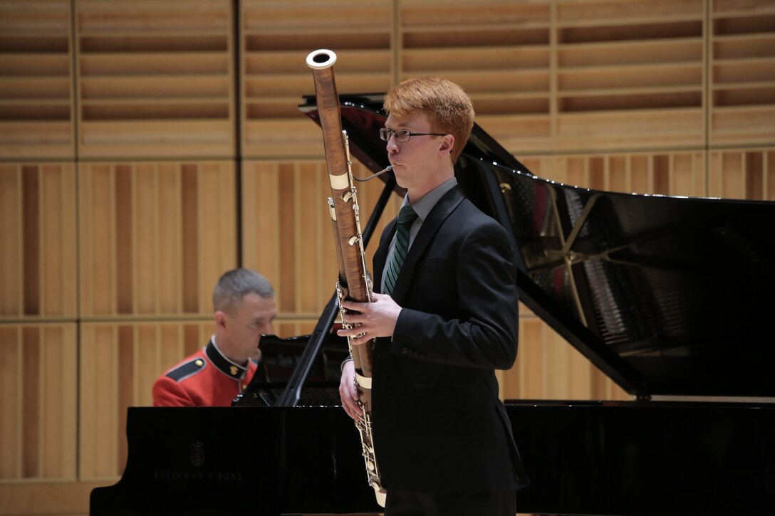 On Saturday, Feb. 24, the Marine Band hosted its annual recital for the 2017-18 Concerto Competition for High School Musicians at the John Philip Sousa Band Hall in Washington, D.C. The panel of judges consisted of Marine Band Director Col. Jason K. Fettig, Assistant Directors Maj. Michelle A. Rakers and Capt. Ryan J. Nowlin, and guest adjudicator professor Dennis Zeisler from Old Dominion University (ODU) in Norfolk, Va. The semi-finalists include tuba player Robert Black, flutist Tessa Vermeulen, saxophone player Jordan Savage, flutist Jennifer Wang, and bassoonist Daniel McCarty.