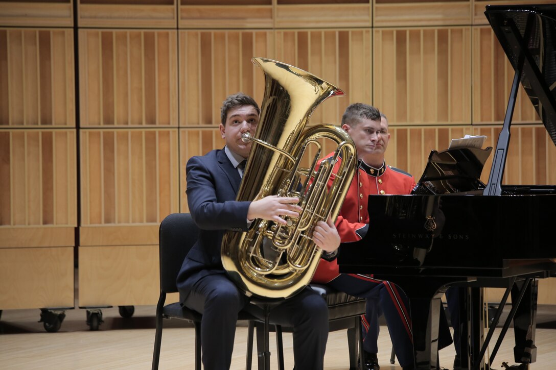 On Saturday, Feb. 24, the Marine Band hosted its annual recital for the 2017-18 Concerto Competition for High School Musicians at the John Philip Sousa Band Hall in Washington, D.C. The panel of judges consisted of Marine Band Director Col. Jason K. Fettig, Assistant Directors Maj. Michelle A. Rakers and Capt. Ryan J. Nowlin, and guest adjudicator professor Dennis Zeisler from Old Dominion University (ODU) in Norfolk, Va. The semi-finalists include tuba player Robert Black, flutist Tessa Vermeulen, saxophone player Jordan Savage, flutist Jennifer Wang, and bassoonist Daniel McCarty.