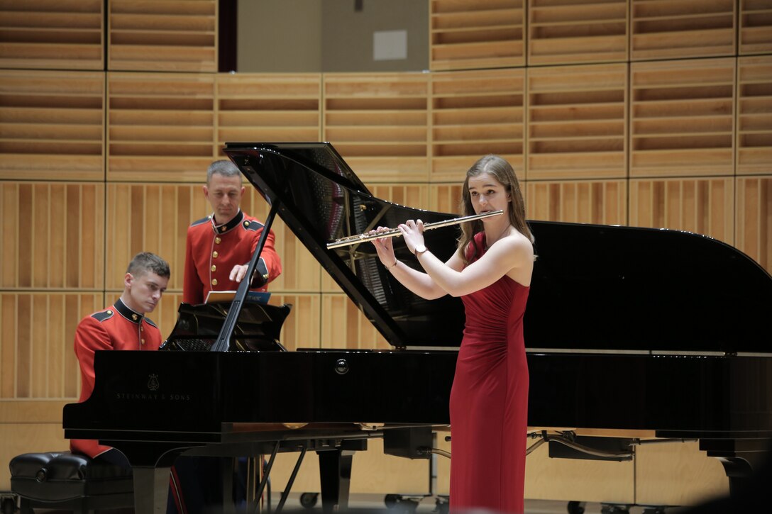 On Saturday, Feb. 24, the Marine Band hosted its annual recital for the 2017-18 Concerto Competition for High School Musicians at the John Philip Sousa Band Hall in Washington, D.C. The panel of judges consisted of Marine Band Director Col. Jason K. Fettig, Assistant Directors Maj. Michelle A. Rakers and Capt. Ryan J. Nowlin, and guest adjudicator professor Dennis Zeisler from Old Dominion University (ODU) in Norfolk, Va. The semi-finalists include tuba player Robert Black, flutist Tessa Vermeulen, saxophone player Jordan Savage, flutist Jennifer Wang, and bassoonist Daniel McCarty.