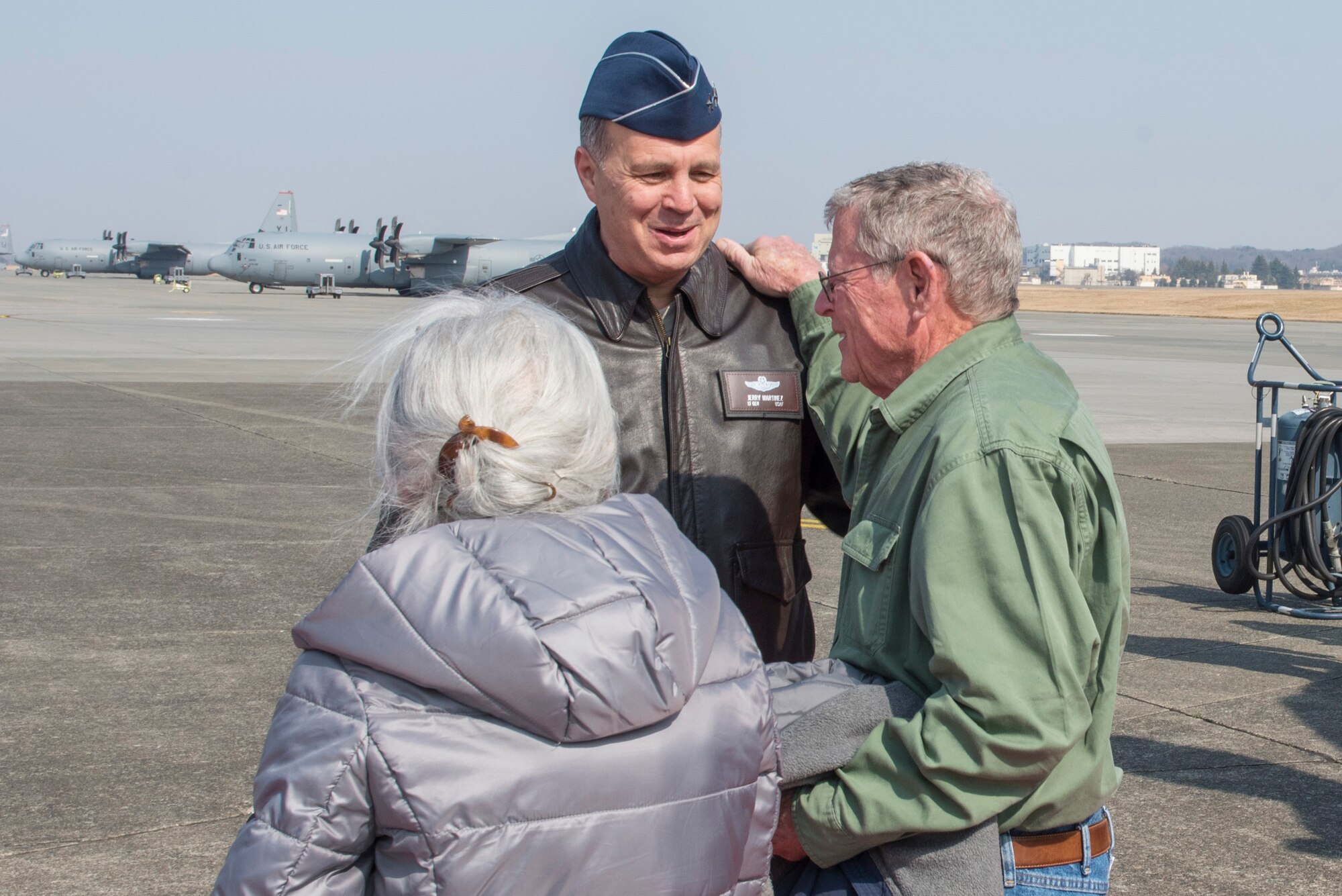 Lt. Gen. Jerry P. Martinez, United States Forces Japan and 5th Air Force commander, welcomes Sen. James Inhofe, R-O.K., to Yokota Air Base, Japan, Feb. 24, 2018.