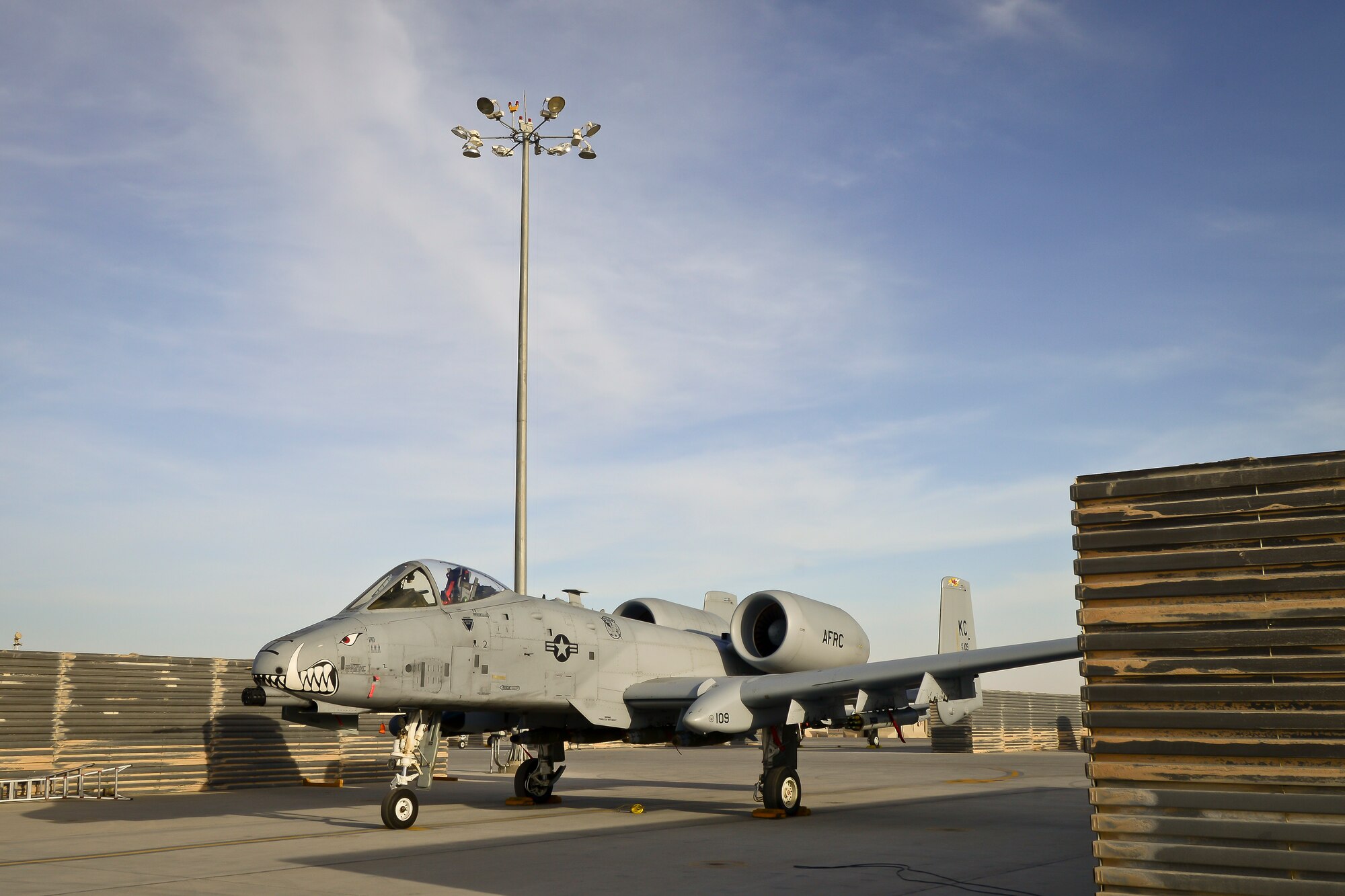 An A-10 Thunderbolt II, assigned to the 303rd Expeditionary Fighter Squadron, sits on the newly realigned flight line at the 451st Air Expeditionary Group, Kandahar Airfield, Afghanistan Feb. 22, 2018.