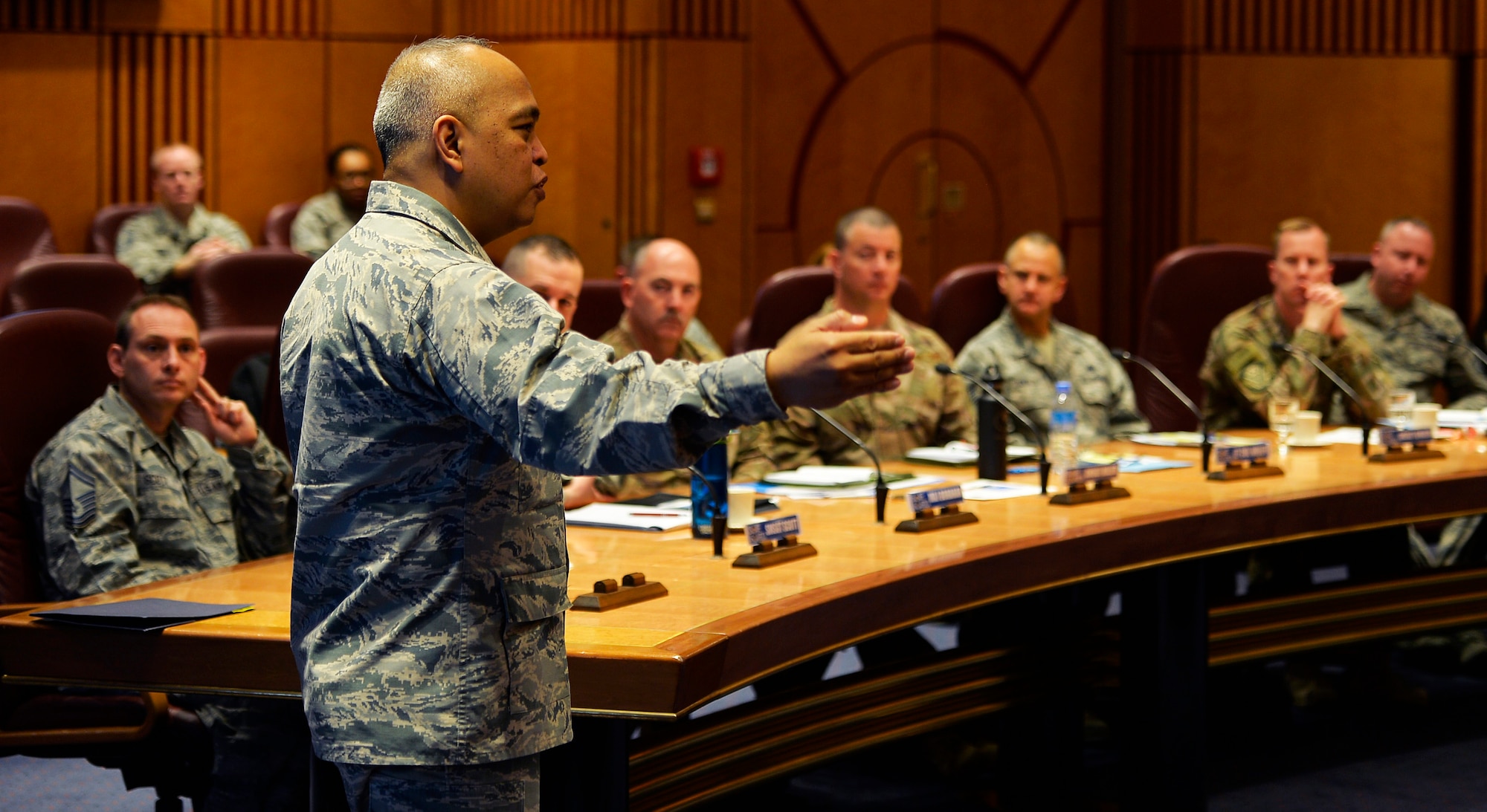 U.S. Air Force Brig. Gen. Roy Agustin, U.S. Air Forces in Europe and Africa director of logistics, engineering, and force protection, addresses 521st Air Mobility Operations Wing leadership on Ramstein Air Base, Germany, Feb. 21, 2018. Agustin spoke about developing Airmen, enhancing readiness, strengthening partnerships, reassuring allies, and increasing resiliency of cyber securities. The presentation was a part of the four-day 521st AMOW Commander’s Conference. Throughout the week, the wing focused on the several Major Graded Areas, held discussions with the first sergeant’s, and hosted an annual award ceremony. The MGAs are to take care of Airmen, managing resources, improving the unit, and executing the mission.