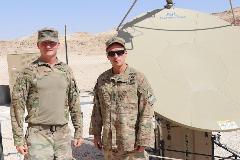 Capt. Stein Thorbeck, left, and 1st Sgt. Charles Smith, company commander and first sergeant for C Company, 1st Battalion, 37th Armored Regiment pose in front of a SIPR NIPR Access Point (SNAP) terminal during Exercise Inferno Creek 2018, Thumrait Air Base, Oman, Jan. 31 2018. Inferno Creek is an annual U.S. Army Central (USARCENT)-led, bilateral exercise held with Omani military forces, focusing on combined arms maneuver, including dismounted infantry.