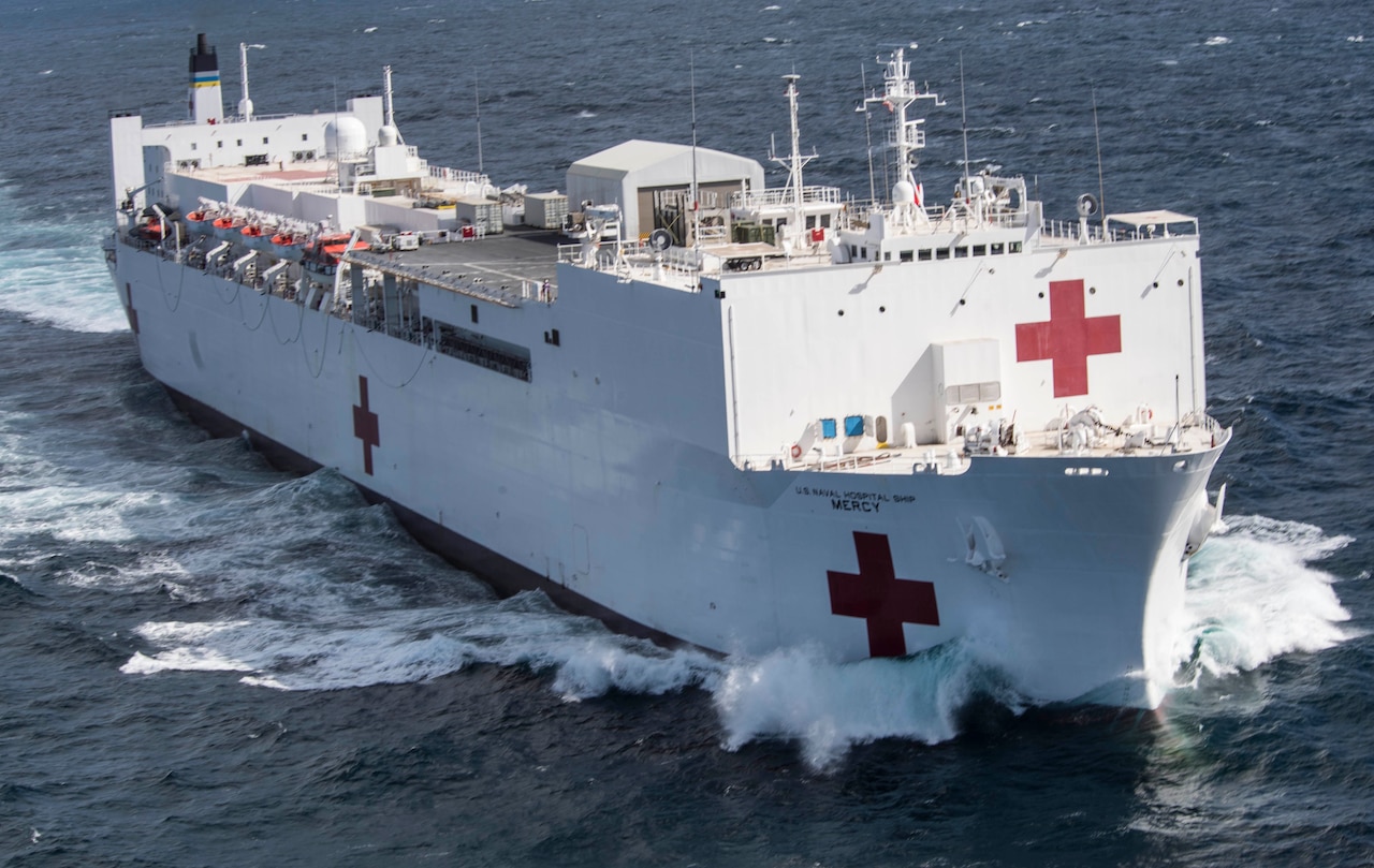 The hospital ship USNS Mercy departs Naval Base San Diego in support of Pacific Partnership 2018, Feb. 23, 2018. Pacific Partnership, now in its 13th iteration, is the largest annual multinational humanitarian assistance and disaster relief preparedness mission conducted in the Indo-Pacific. Navy photo by Petty Officer 2nd Class Kelsey L. Adams