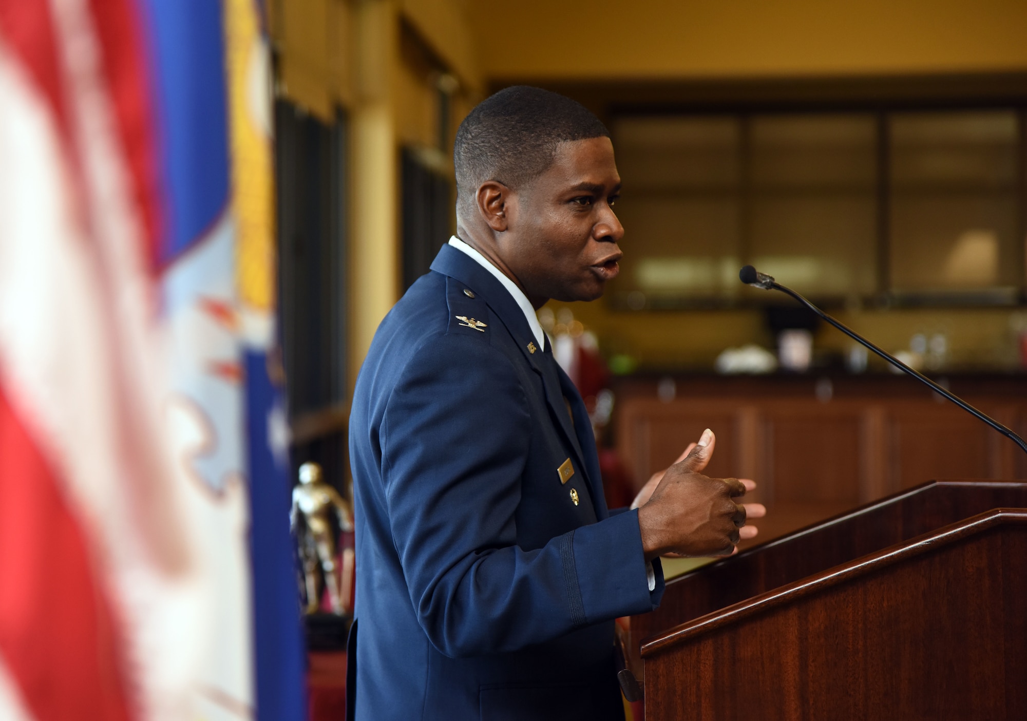 Col. Terrance Adams, Air Mobility Command director of communications and chief information officer, Scott Air Force Base, Illinois, delivers remarks during the African-American Heritage Committee Luncheon at the Bay Breeze Event Center Feb. 20, 2018, on Keesler Air Force Base, Mississippi. The theme of African American History Month this year is “African Americans in Times of War.” Proceeds from the event will benefit the Col. Lawrence E. Roberts memorial scholarship fund which helps local youth pay for tuition, books and other academic costs. Roberts, a Biloxi resident and Tuskegee Airman, passed away in 2004. (U.S. Air Force photo by Kemberly Groue)