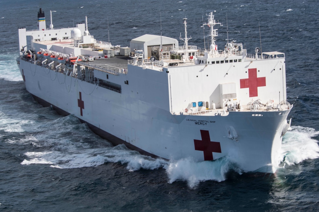 The hospital ship USNS Mercy leaves San Diego to take part in the humanitarian assistance mission, Pacific Partnership.