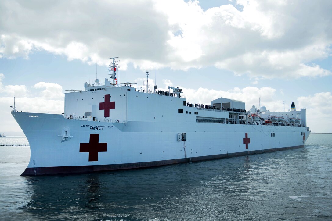 The Hospital ship USNS Mercy departs Naval Base San Diego to participate in Pacific Partnership 2018.