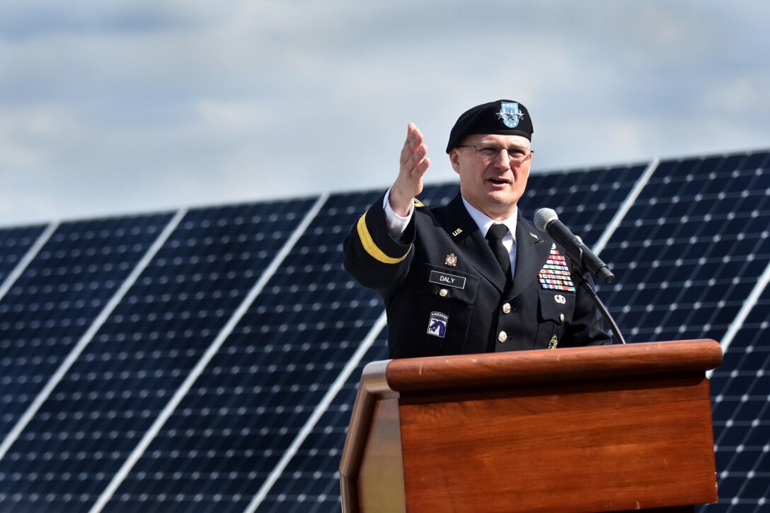 Lieutenant General Edward M. Daley, Army Materiel Command deputy commanding general and event host, addresses the crowd during the Redstone Arsenal Solar and Battery Project ribbon-cutting ceremony Feb.23. The new 114-acre, renewable solar energy complex, located on Magazine Road, generates about 10 megawatt, alternating current, on-site solar renewable energy.