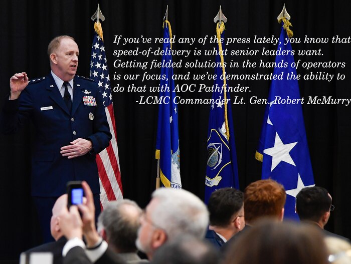 Lt. Gen. Robert D. McMurry, Air Force Life Cycle Management Center commander, delivers a State of LCMC address at a luncheon meeting Jan. 25 held at the Doubletree Bedford Glen Hotel, Bedford, Mass. (U.S. Air Force photo by Mark Herlihy)