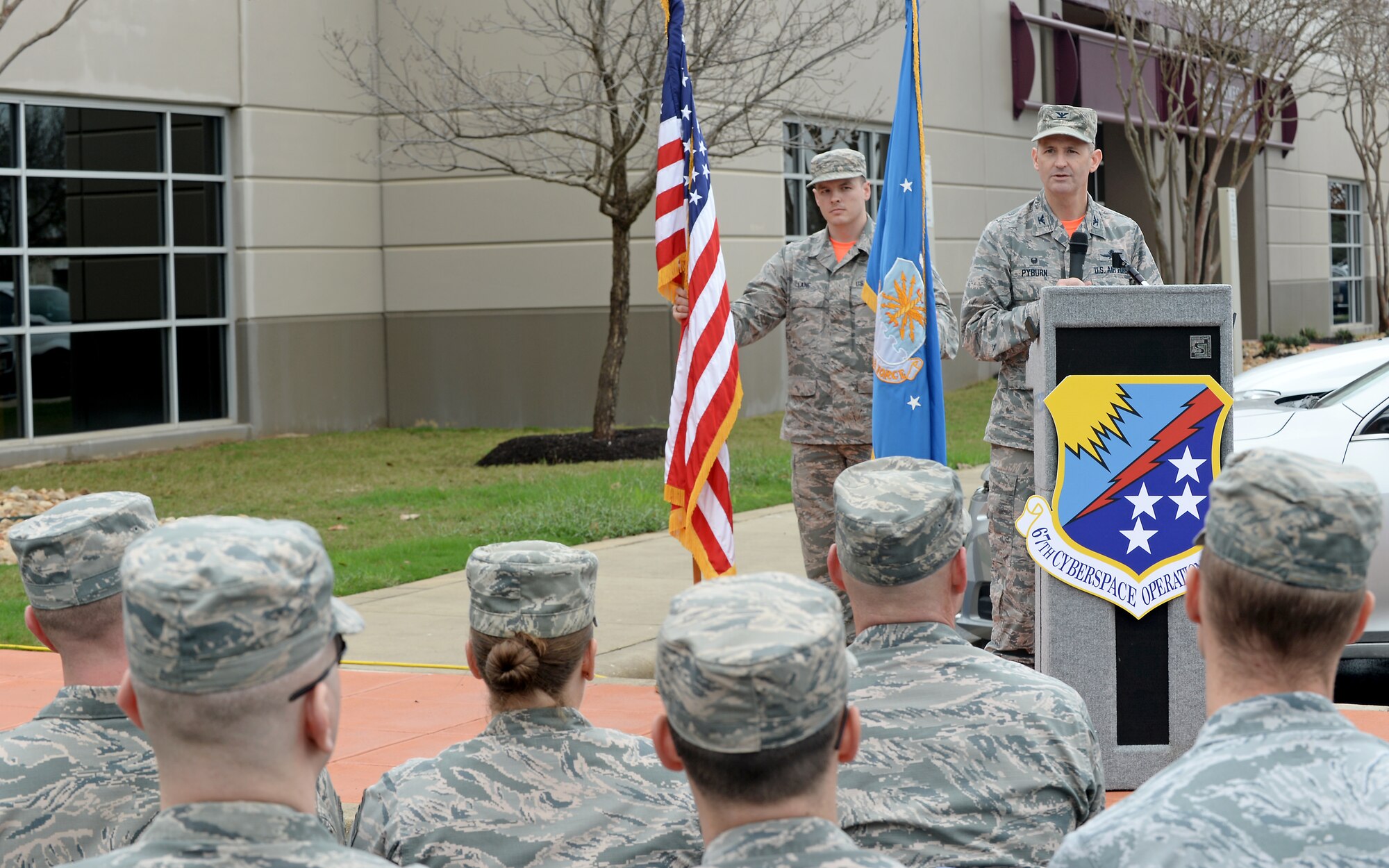 Col. Bradley Pyburn, 67th Cyberspace Wing commander, shares his thoughts about the new offensive cyberspace operations training location during a ribbon-cutting ceremony in San Antonio, Texas, Feb. 23, 2018. The first class is scheduled for March 2018. (U.S. Air Force photo by Tech. Sgt. R.J. Biermann)