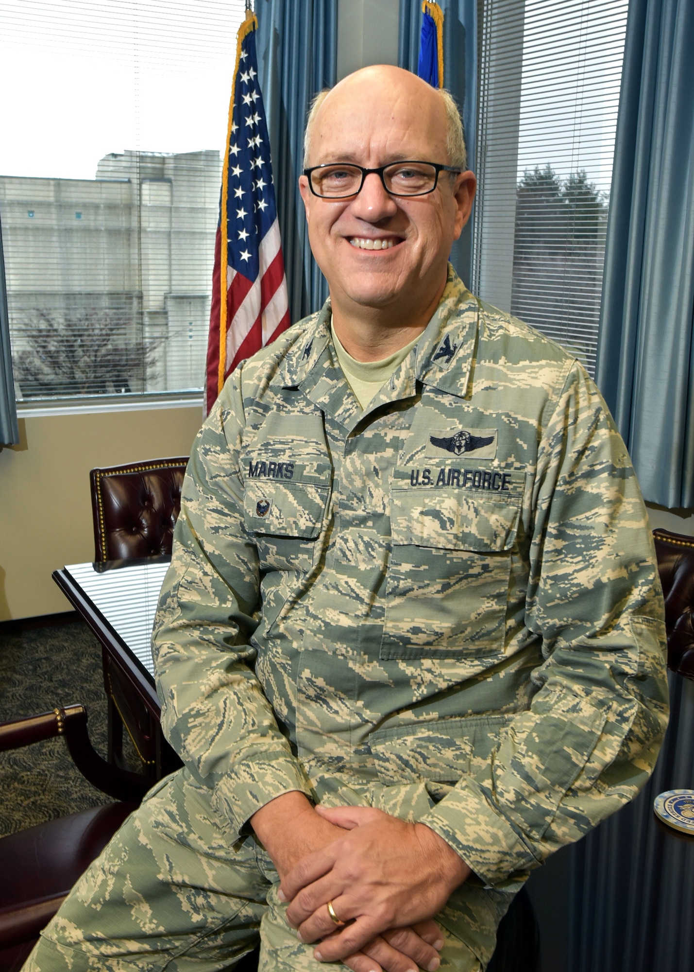 Col. Robert Marks, Air Force Materiel Command surgeon, poses for a photo inside his office at Wright-Patterson Air Force Base, Ohio, Feb. 2, 2018.