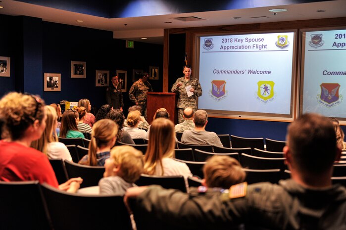 Col. Jeff Nelson, 628th Air Base Wing commander, gives an introduction speech to key spouses before their incentive C-17 Globemaster III flight Feb. 24, 2018, at Joint Base Charleston, S.C.