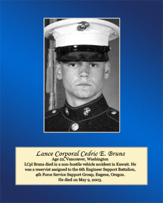 Age 22, Vancouver, Washington

LCpl Bruns died in a non-hostile vehicle accident in Kuwait. He was a reservist assigned to the 6th Engineer Support Battalion, 4th Force Service Support Group, Eugene, Oregon. He died on May 9, 2003.