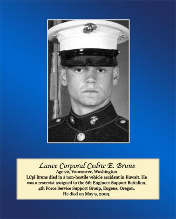 Age 22, Vancouver, Washington

LCpl Bruns died in a non-hostile vehicle accident in Kuwait. He was a reservist assigned to the 6th Engineer Support Battalion, 4th Force Service Support Group, Eugene, Oregon. He died on May 9, 2003.