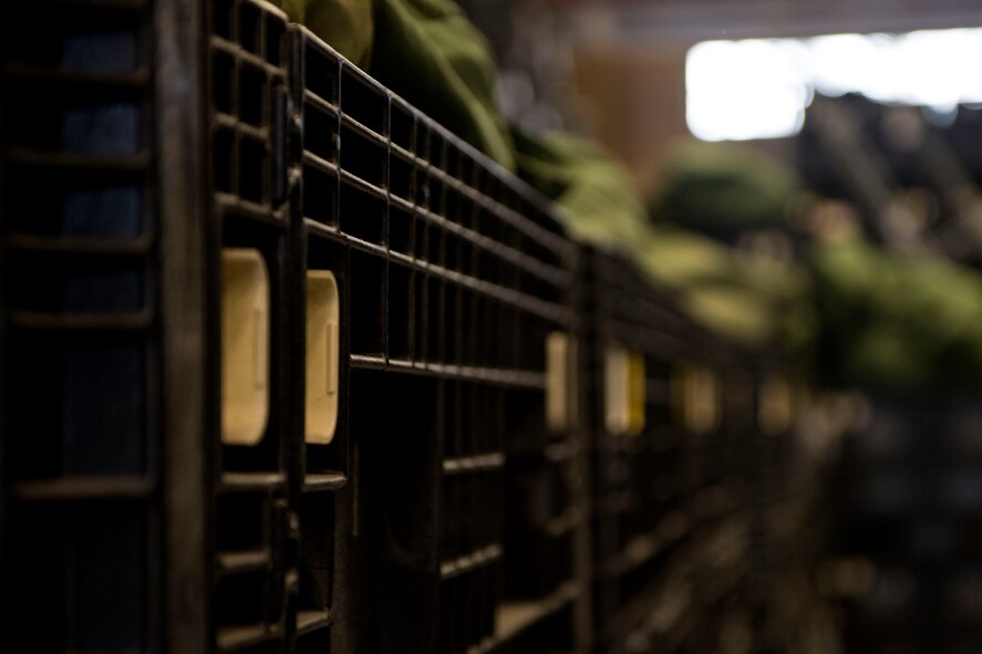A-bags rest in crates in preparation for a Phase 1 exercise, Feb. 23, 2018, at Moody Air Force Base, Ga. The 23d Logistics Readiness Squadron (LRS) prepped approximately 400 A-bags, which consisted of items essential for deploying Airmen. This helped ensure the success of the Airmen participating in the exercise, which tested operations, maintenance and logistics to demonstrate the 23d Wing’s ability to rapidly deploy to meet the needs of combatant commanders. (U.S. Air Force photo by Airman 1st Class Erick Requadt)