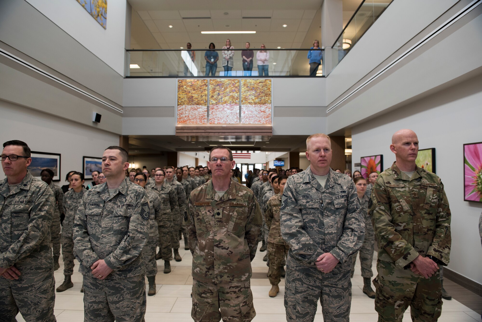 Members from the 27th Special Operations Medical Group stand in formation during the 27th SOMDG building ribbon cutting ceremony at Cannon AFB, N.M., Feb. 23, 2018. This upgrade has been planned for the last few years. The ground-breaking ceremony was July of 2015 and now, nearly three years later, the building complete and open for patients. (U.S. Air Force photo by Staff Sgt. Michael Washburn/Released)