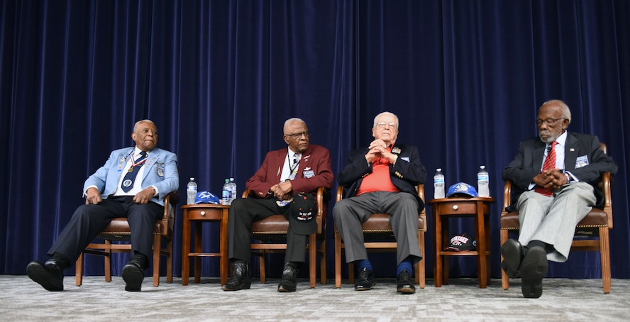 Tuskegee Airmen, Lt. Col. Eugene Richardson, Lt. Col. James Harvey, Lt. Col. George Hardy and Lt. Col. Theodore Lumpkin, speak to Air Command and Staff College students at the Wood Auditorium on Maxwell Air Force Base, Alabama, Feb. 26, 2018. The four men each spoke about their time as Tuskegee Airmen and the hardships they had to endure during World War II, when segregation existed within the U.S. armed forces. (U.S. Air Force photo by Senior Airman Tammie Ramsouer)