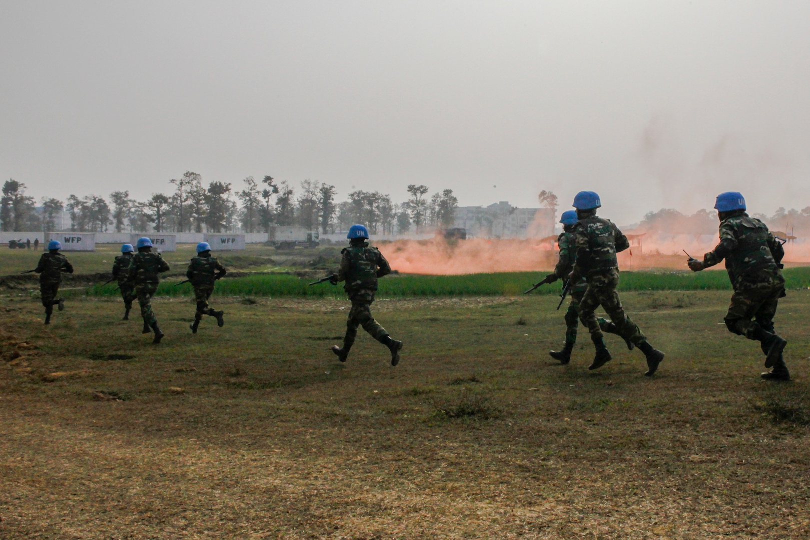Bangladesh Army soldiers of the Engineer Corps counter attack role-players during a rehearsal for a demonstration as part of Exercise Shanti Doot 4 in Bangladesh.