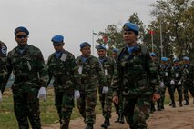 Cambodian service members arrive at the opening ceremony for exercise Shanti Doot 4 in Bangladesh.