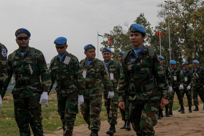 Cambodian service members arrive at the opening ceremony for exercise Shanti Doot 4 in Bangladesh.