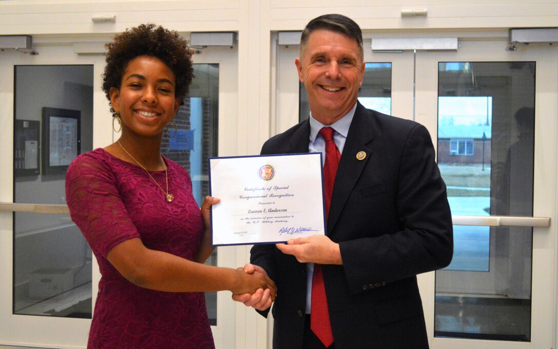 Representative Rob Wittman, First Congressional District of Virginia congratulates Lauren Anderson on her nomination to the United States Military Academy West Point.