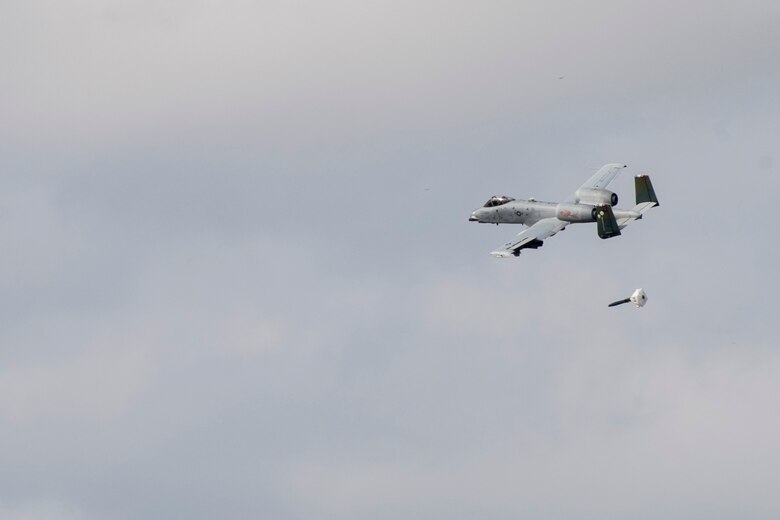 An A-10C Thunderbolt II aircraft drops an inert bomb on to a target given by ally forces during combined training, Feb. 21, 2018, at Moody Air Force Base, Ga. Ally forces from the Canadian Royal Air Force and New Zealand army traveled to Moody AFB to train with the 75th Fighter Squadron on close air support. (U.S. Air Force photo by Staff Sgt. Eric Summers Jr.)