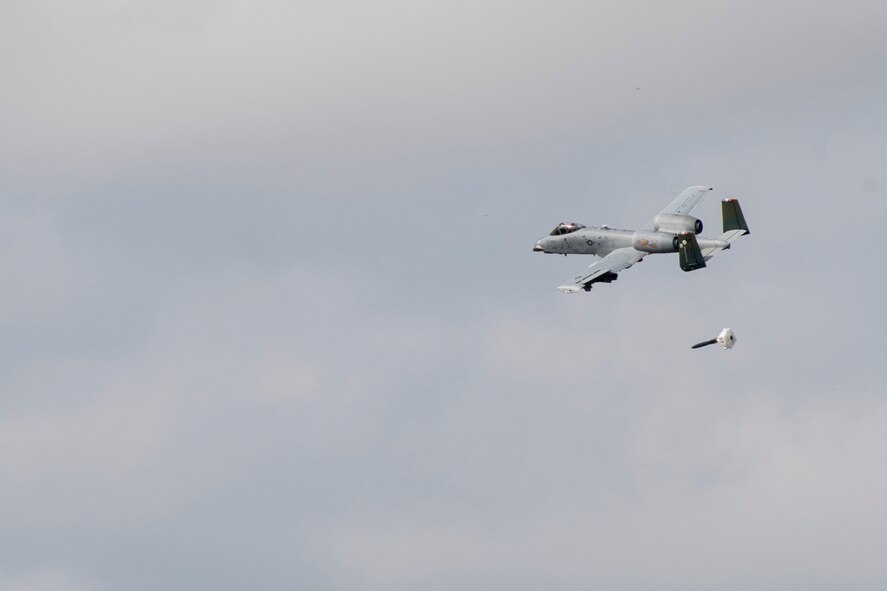 An A-10C Thunderbolt II aircraft drops an inert bomb on to a target given by ally forces during combined training, Feb. 21, 2018, at Moody Air Force Base, Ga. Ally forces from the Canadian Royal Air Force and New Zealand army traveled to Moody AFB to train with the 75th Fighter Squadron on close air support. (U.S. Air Force photo by Staff Sgt. Eric Summers Jr.)