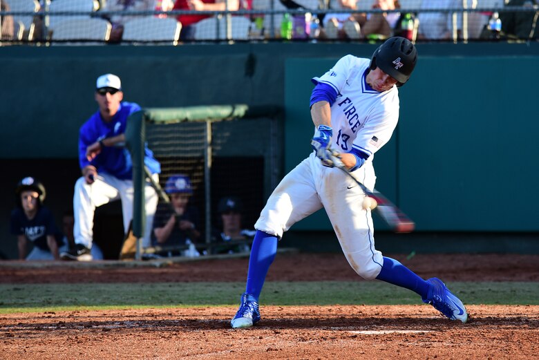 Air Force Academy center fielder Daniel Jones hits a baseball during game two of the 2018 Freedom Classic, Feb. 24, 2018, at Grainger Stadium in Kinston, North Carolina. The Falcons lost games one and two but were able to rally together in an 11-10 win over Navy in game three Feb. 25. (U.S. Air Force photo by Airman 1st Class Kenneth Boyton)