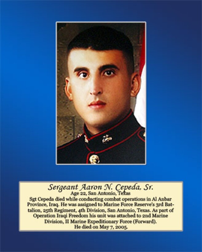 Age 22, San Antonio, Texas

Sgt Cepeda died while conducting combat operations in Al Anbar Province, Iraq. He was assigned to Marine Forces Reserve’s 3rd Battalion, 25th Regiment, 4th Division, San Antonio, Texas. As part of Operation Iraqi Freedom his unit was attached to 2nd Marine Division, II Marine Expeditionary Force (Forward). He died on May 7, 2005.