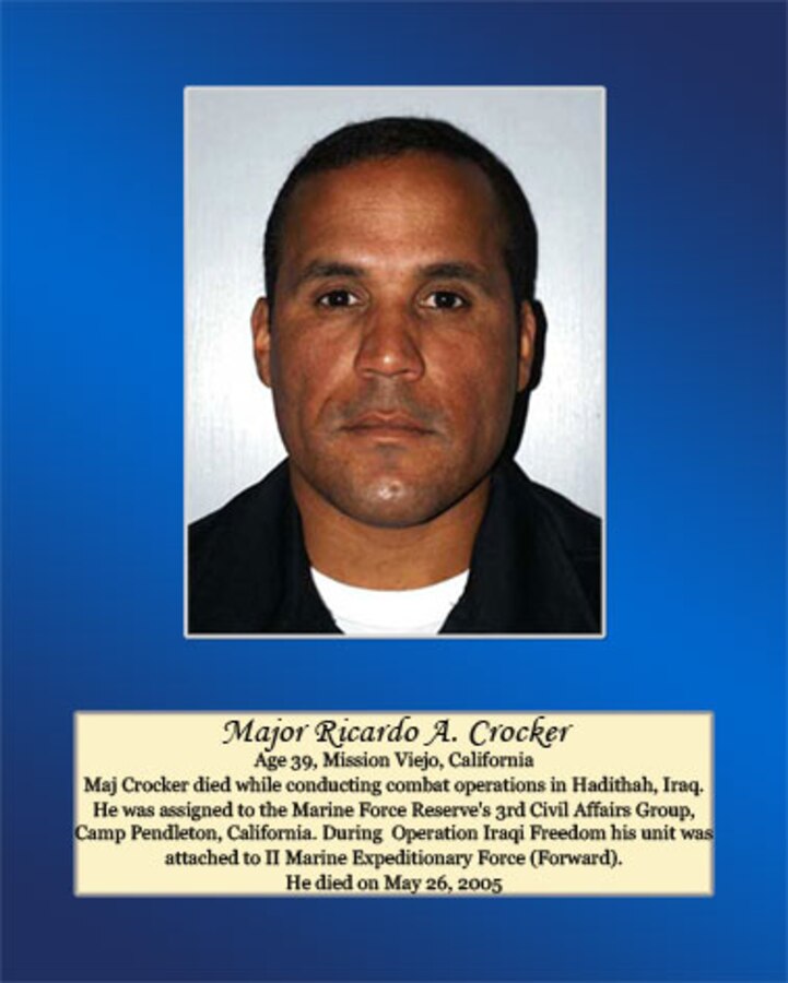 Age 39, Mission Viejo, California

Maj Crocker died while conducting combat operations in Hadithah, Iraq. He was assigned to the Marine Force Reserve’s 3rd Civil Affairs Group, Camp Pendleton, California. During Operation Iraqi Freedom his unit was attached to II Marine Expeditionary Force (Forward). He died on May 26, 2005.
